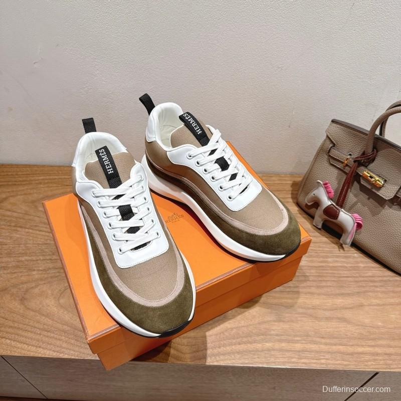 2025 Unisex HERMES White Beige Khaki Fabric Leather Sneakers AS00400