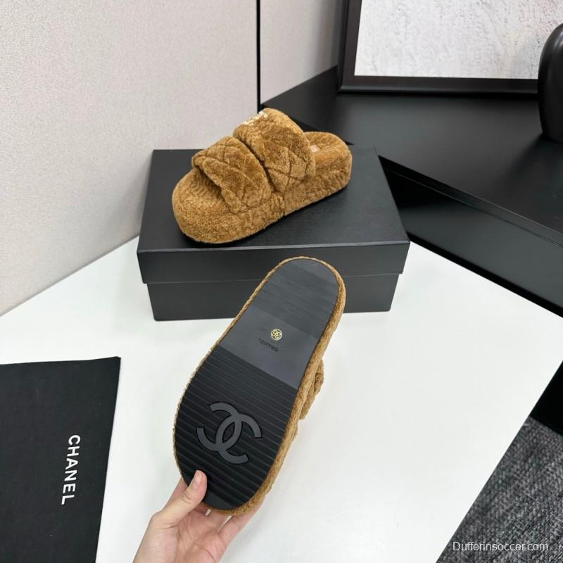 Chanel 2025 SS New Autumn Winter Lazy Sheep Genuine Wool Lazy Slippers Chanel Quilted Thick Sole Fur Slides - LY00300