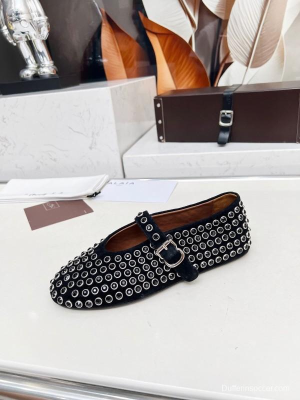 Alaia 2025/SS Crystal-Studded Ballet Dance Shoes with Inner Cushioning and 0.8CM Height Increase - LY00340