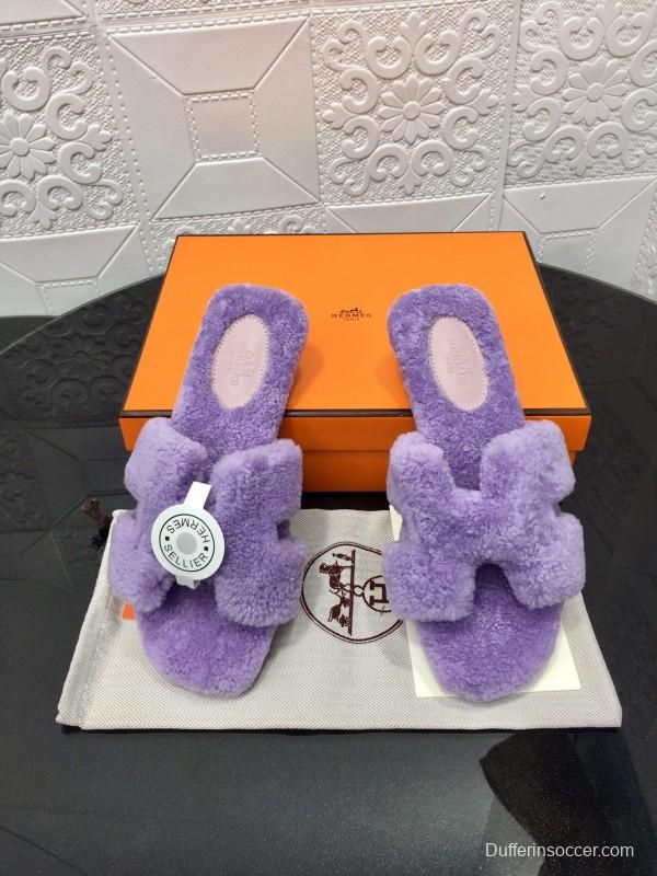 H Eiderdown Teddy Wool H Slippers Flat Sole Fur Slides - LY00240