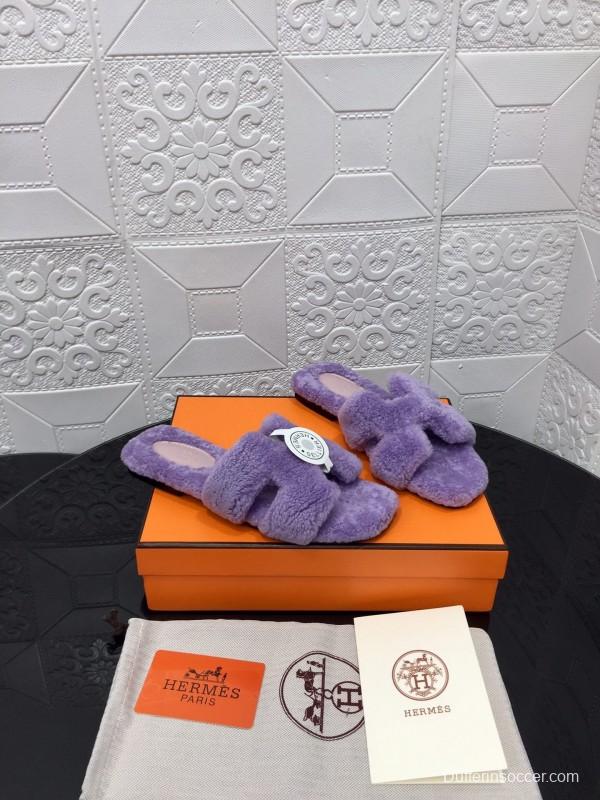 H Eiderdown Teddy Wool H Slippers Flat Sole Fur Slides - LY00240