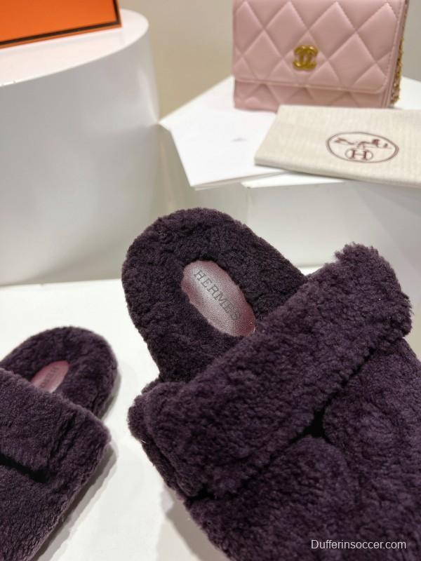 H Love Erjiu Full Wool Slippers with Slightly Curled Fur - LY00270