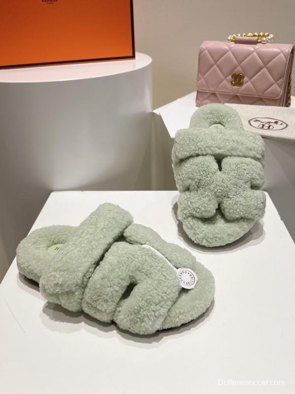 H Love Erjiu Full Wool Slippers with Slightly Curled Fur - LY00270