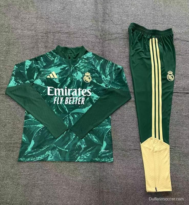 2026 Kids Real Madrid Dark Green Camouflage  Half Zipper Jacket Tracksuit + Long Pants (Adidas)
