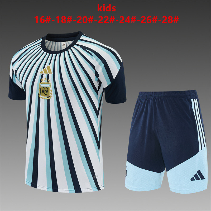 2026 Kids  Argentina White & Light Blue Radial Stripe Short Sleeve+Soccer Shorts
