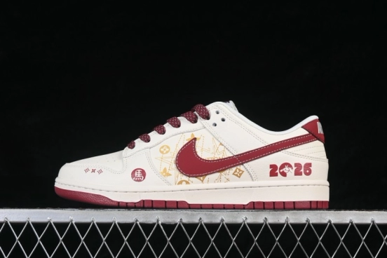Nike SB Dunk Low Custom White Wine Red Gold Low-Top Casual Skateboarding Shoes - QW5288-110