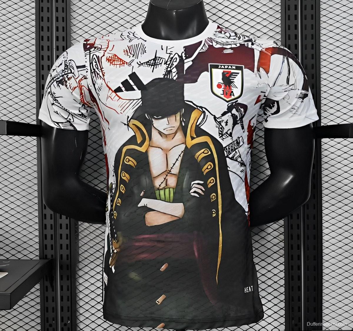 Player Version 2025 Japan White with One Piece Roronoa Zoro Character Jersey