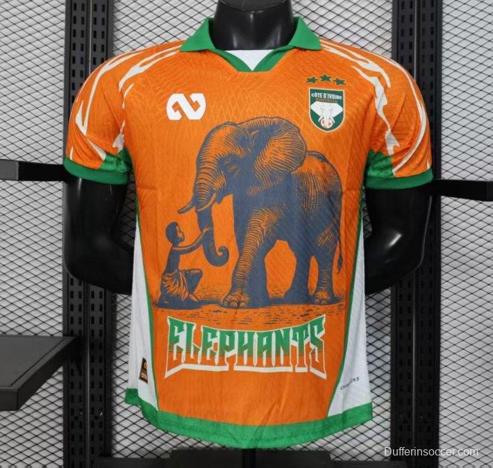 Player Version 2025 Ivory Coast Orange with Elephant Graphic and Green Accents Jersey