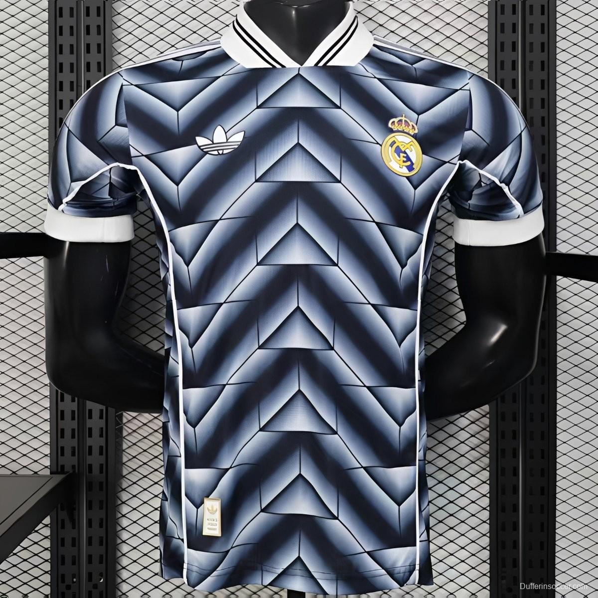 Player Version  1988/89 Real Madrid Third Navy Blue with 3D Geometric Chevron Pattern Jersey