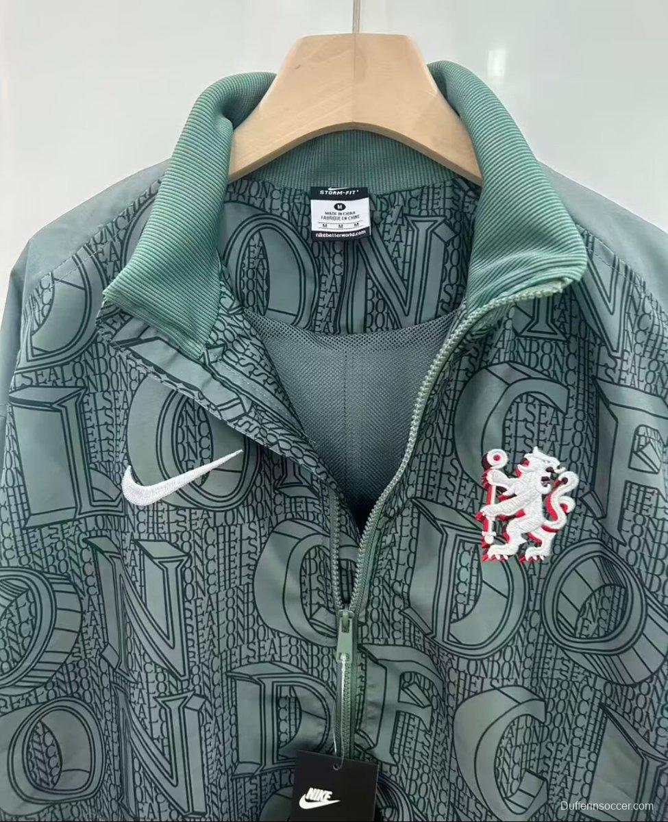25/26 Chelsea FC Green with All-Over London Text Pattern Full Zipper Windbreaker